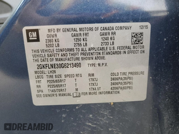 2016 GMC Terrain SLE with VIN 2GKFLNE30G6213490, listed as a Copart auction lot 52666625 with 133,354 mi miles and Salvage Title. Bid and sale history available at carsss.com. Image 16.