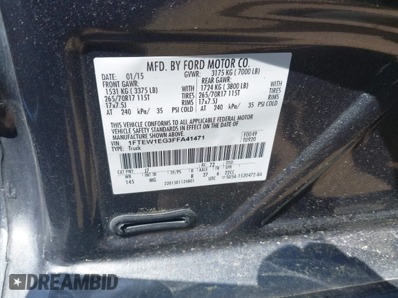 2015 Ford F-150 XLT с VIN 1FTEW1EG3FFA41471, выставлен на аукционе IAAI как лот 42493751 с пробегом 141 920 миль миль и . История ставок и продаж доступна на DreamBid. Изображение 9.