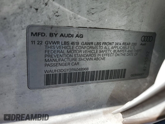 2023 Audi S3 Premium Plus z VIN WAUH3DGY2PA048968, wystawiony jako Copart lot #58960584 z przebiegiem 9 861 mil mil oraz Szkoda całkowita • Salvage title. Historia ofert i sprzedaży dostępna na DreamBid. Obrazek 12.