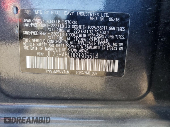 2016 Subaru Crosstrek Premium с VIN JF2GPABC0G9305514, выставлен на аукционе Copart как лот 83912394 с пробегом 116 380 миль миль и Списание • Salvage title. История ставок и продаж доступна на DreamBid. Изображение 12.