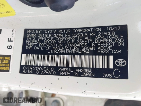 2017 Toyota Prius Two with VIN JTDKARFU7H3054054, listed as a IAAI auction lot 42028565 with 64,805 mi miles. Bid and sale history available at carsss.com. Image 9.