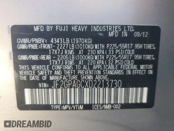 2013 Subaru Crosstrek Limited with VIN JF2GPAGCXD2213730, listed as a Copart auction lot 60269545 with 167,210 mi miles and Salvage title. Bid and sale history available at DreamBid. Image 13.