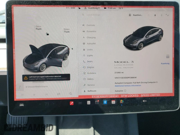 2023 Tesla Model 3 Long Range with VIN 5YJ3E1EB2PF389041, listed as a Copart auction lot 53450725 with 27,060 mi miles and Salvage Title. Bid and sale history available at DreamBid. Image 9.