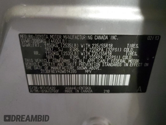 2013 Toyota RAV4 Limited with VIN 2T3DFREV4DW014395, listed as a Copart auction lot 50332805 with 152,583 mi miles and Salvage Title. Bid and sale history available at DreamBid. Image 13.