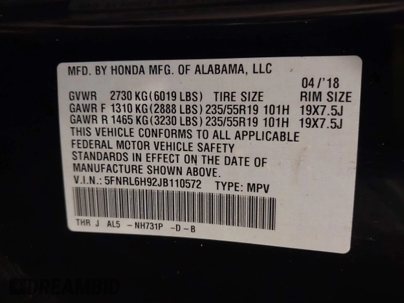 2018 Honda Odyssey Elite with VIN 5FNRL6H92JB110572, listed as a IAAI auction lot 41387270 with 159,806 mi miles and . Bid and sale history available at DreamBid. Image 9.