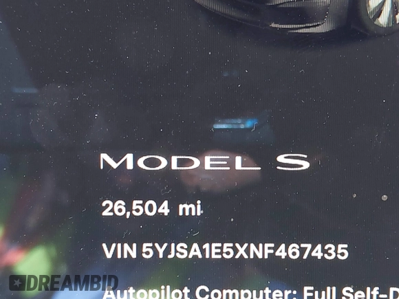 2022 Tesla Model S with VIN 5YJSA1E5XNF467435, listed as a IAAI auction lot 42538706 with 26,504 mi miles and . Bid and sale history available at DreamBid. Image 15.