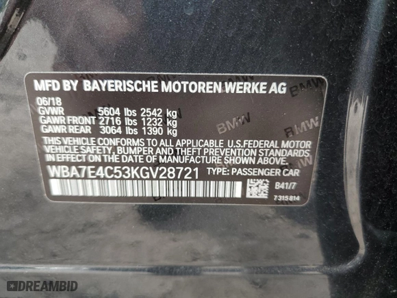 2019 BMW 7 Series 740i xDrive with VIN WBA7E4C53KGV28721, listed as a Copart auction lot 57747054 with 60,671 mi miles and Salvage Title. Bid and sale history available at carsss.com. Image 12.