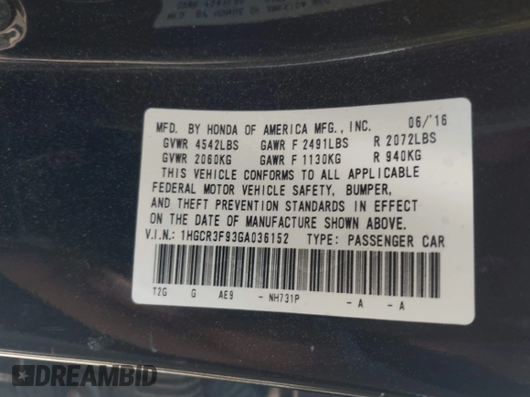 2016 Honda Accord Touring with VIN 1HGCR3F93GA036152, listed as a IAAI auction lot 42134354 with 233,311 mi miles and . Bid and sale history available at DreamBid. Image 9.