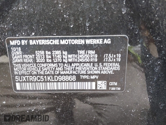 2019 BMW X3 xDrive30i with VIN 5UXTR9C51KLD98868, listed as a IAAI auction lot 41707784 with 65,306 mi miles and . Bid and sale history available at DreamBid. Image 9.
