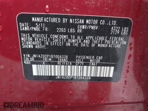 2011 Nissan LEAF SL-e with VIN JN1AZ0CP1BT004338, listed as a IAAI auction lot 41577941 with 89,415 mi miles. Bid and sale history available at carsss.com. Image 9.