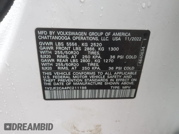 2023 Volkswagen Atlas SE с VIN 1V2JE2CA4PC211196, выставлен на аукционе Copart как лот 42286405 с пробегом Не указан миль и Списание • Salvage title. История ставок и продаж доступна на DreamBid. Изображение 14.