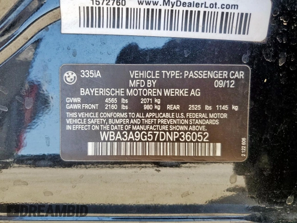 2013 BMW 3 Series 335i with VIN WBA3A9G57DNP36052, listed as a Copart auction lot 50204825 with 158,102 mi miles and Salvage title. Bid and sale history available at DreamBid. Image 13.