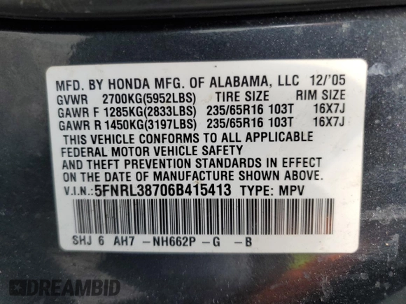 2006 Honda Odyssey EX-L with VIN 5FNRL38706B415413, listed as a Copart auction lot 50725115 with 180,010 mi miles and Salvage Title. Bid and sale history available at carsss.com. Image 16.
