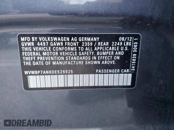 2013 Volkswagen CC Sport with VIN WVWBP7AN6DE526925, listed as a Copart auction lot 76425074 with 93,689 mi miles and Salvage Title. Bid and sale history available at DreamBid. Image 12.