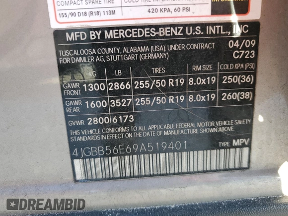 2009 Mercedes-Benz M 3.5L with VIN 4JGBB56E69A519401, listed as a Copart auction lot 44858425 with 136,857 mi miles and Salvage Title. Bid and sale history available at carsss.com. Image 12.