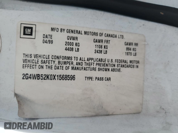 1999 Buick Regal LS with VIN 2G4WB52K0X1568596, listed as a Copart auction lot 82605124 with 105,388 mi miles and Non Repairable. Bid and sale history available at carsss.com. Image 13.