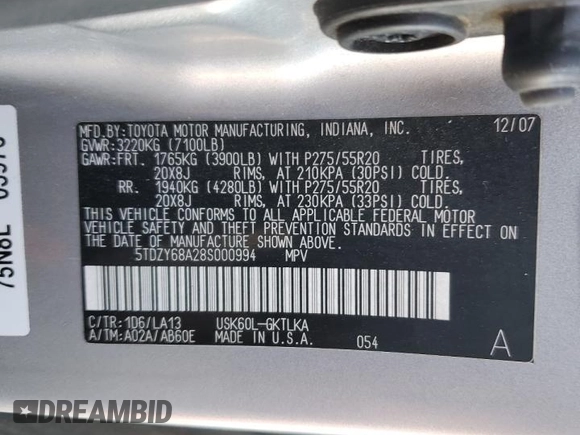 2008 Toyota Sequoia Limited with VIN 5TDZY68A28S000994, listed as a Copart auction lot 53685785 with 245,236 mi miles and Salvage Title. Bid and sale history available at DreamBid. Image 13.