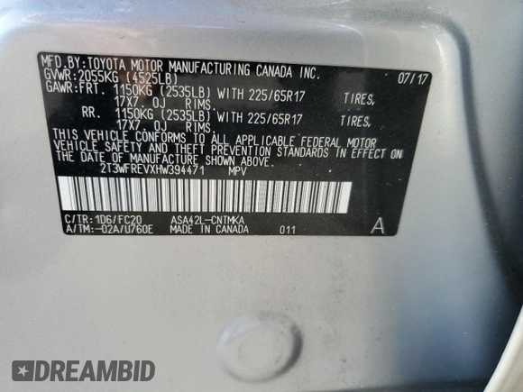 2017 Toyota RAV4 XLE with VIN 2T3WFREVXHW394471, listed as a Copart auction lot 54384955 with 61,969 mi miles and Salvage Title. Bid and sale history available at carsss.com. Image 14.