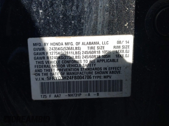 2015 Acura MDX with VIN 5FRYD3H24FB004706, listed as a IAAI auction lot 42039135 with 155,913 mi miles and . Bid and sale history available at DreamBid. Image 9.