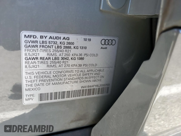 2020 Audi SQ5 Premium Plus with VIN WA1B4AFY6L2033703, listed as a Copart auction lot 46444323 with 36,928 mi miles. Bid and sale history available at carsss.com. Image 15.