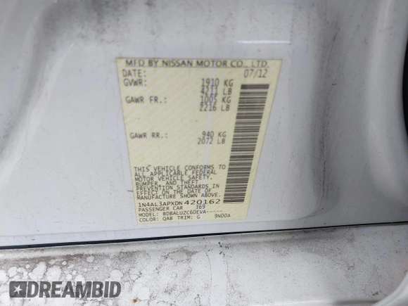 2013 Nissan Altima SV with VIN 1N4AL3APXDN420162, listed as a IAAI auction lot 42563045 with 80,750 mi miles and . Bid and sale history available at DreamBid. Image 9.