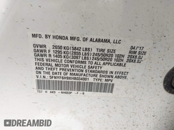 2017 Honda Pilot Touring with VIN 5FNYF6H9XHB034001, listed as a IAAI auction lot 42092549 with 142,422 mi miles and . Bid and sale history available at DreamBid. Image 9.