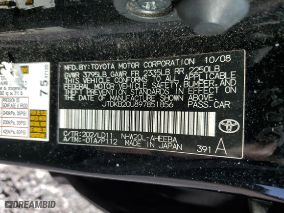 2009 Toyota Prius with VIN JTDKB20U897851856, listed as a Copart auction lot 48631145 with 0 mi miles and Clean Title. Bid and sale history available at carsss.com. Image 12.