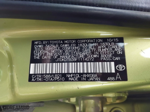 2015 Toyota Prius c One with VIN JTDKDTB38F1114272, listed as a IAAI auction lot 41224252 with 59,717 mi miles. Bid and sale history available at carsss.com. Image 9.
