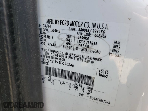 2004 Ford F-250 XL with VIN 1FTNX21P74EC70246, listed as a Copart auction lot 69001434 with Not Provided miles and Salvage Title. Bid and sale history available at DreamBid. Image 12.