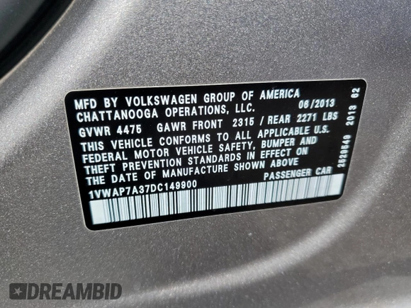2013 Volkswagen Passat Wolfsburg Edition с VIN 1VWAP7A37DC149900, выставлен на аукционе Copart как лот 56434855 с пробегом 80 935 миль миль и Списание • Salvage title. История ставок и продаж доступна на DreamBid. Изображение 13.