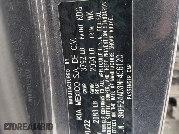 2022 Kia Forte LXS with VIN 3KPF24AD3NE456120, listed as a Copart auction lot 89173335 with 33,753 mi miles and Salvage Title. Bid and sale history available at carsss.com. Image 12.