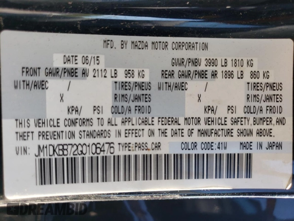 2016 Mazda CX-3 Sport z VIN JM1DKBB72G0106476, wystawiony jako Copart lot #56236245 z przebiegiem 161 207 mil mil oraz Szkody całkowita. Historia ofert i sprzedaży dostępna na DreamBid. Obrazek 12.
