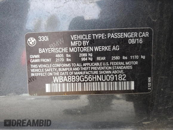 2017 BMW 3 Series 330i with VIN WBA8B9G56HNU09182, listed as a Copart auction lot 53355905 with 128,009 mi miles and Salvage Title. Bid and sale history available at carsss.com. Image 13.
