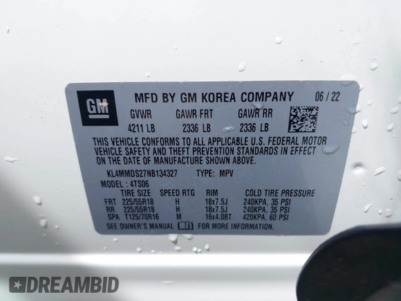 2022 Buick Encore GX Select with VIN KL4MMDS27NB134327, listed as a IAAI auction lot 42161612 with 24,017 mi miles and . Bid and sale history available at DreamBid. Image 9.