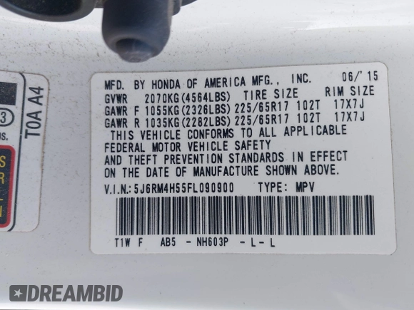 2015 Honda CR-V EX with VIN 5J6RM4H55FL090900, listed as a IAAI auction lot 42229472 with 167,345 mi miles and . Bid and sale history available at DreamBid. Image 9.