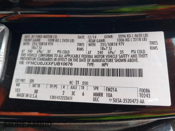2015 Ford Escape Titanium с VIN 1FMCU0JXXFUB10676, выставлен на аукционе IAAI как лот 42412073 с пробегом 129 737 миль миль и . История ставок и продаж доступна на DreamBid. Изображение 9.