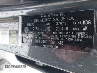 2023 Kia Forte LXS z VIN 3KPF24AD1PE615848, wystawiony jako IAAI lot #42296751 z przebiegiem 31 179 mil mil oraz . Historia ofert i sprzedaży dostępna na DreamBid. Obrazek 9.