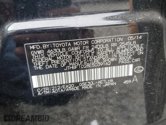2014 Lexus IS 250 with VIN JTHBF1D28E5039162, listed as a Copart auction lot 62183525 with 120,489 mi miles and Salvage title. Bid and sale history available at DreamBid. Image 12.