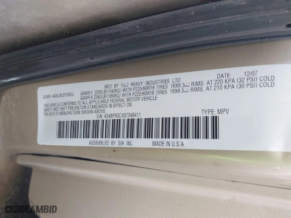 2008 Subaru Outback (Natl) with VIN 4S4BP60CX87349411, listed as a IAAI auction lot 41942243 with 135,012 mi miles. Bid and sale history available at carsss.com. Image 9.
