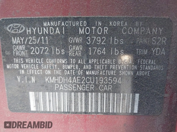 2012 Hyundai Elantra Limited with VIN KMHDH4AE2CU193594, listed as a IAAI auction lot 41556903 with 300,212 mi miles. Bid and sale history available at carsss.com. Image 9.