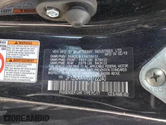 2013 Scion FR-S with VIN JF1ZNAA17D1722240, listed as a Copart auction lot 45539005 with 98,960 mi miles and Salvage Title. Bid and sale history available at carsss.com. Image 12.
