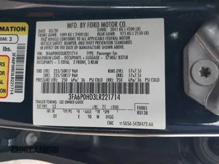 2020 Ford Fusion SE with VIN 3FA6P0HD3LR221714, listed as a IAAI auction lot 41654905 with 95,733 mi miles. Bid and sale history available at carsss.com. Image 9.