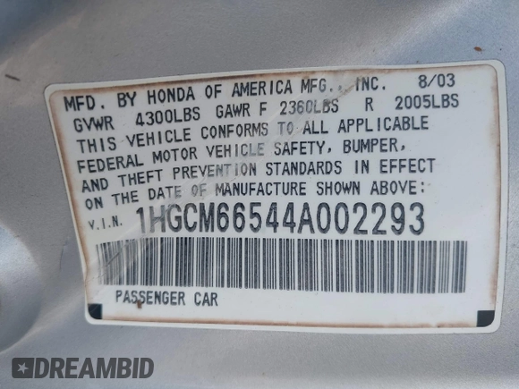 2004 Honda Accord EX с VIN 1HGCM66544A002293, выставлен на аукционе IAAI как лот 42372883 с пробегом 248 167 миль миль и . История ставок и продаж доступна на DreamBid. Изображение 9.