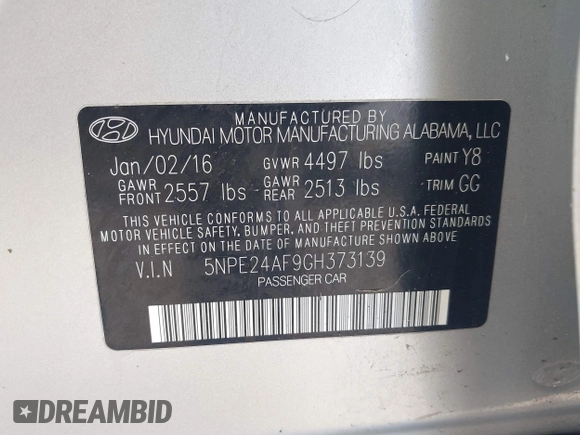 2016 Hyundai Sonata SE with VIN 5NPE24AF9GH373139, listed as a IAAI auction lot 41757308 with 103,699 mi miles and . Bid and sale history available at carsss.com. Image 9.