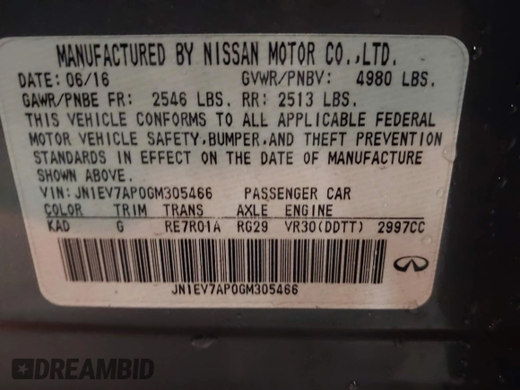 2016 Infiniti Q50 3.0t Premium with VIN JN1EV7AP0GM305466, listed as a IAAI auction lot 41778105 with 79,919 mi miles. Bid and sale history available at carsss.com. Image 9.