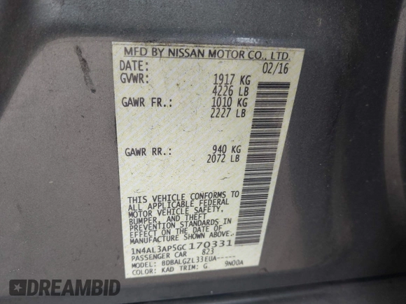 2016 Nissan Altima S z VIN 1N4AL3AP5GC170331, wystawiony jako IAAI lot #42258720 z przebiegiem 173 717 mil mil oraz . Historia ofert i sprzedaży dostępna na DreamBid. Obrazek 9.