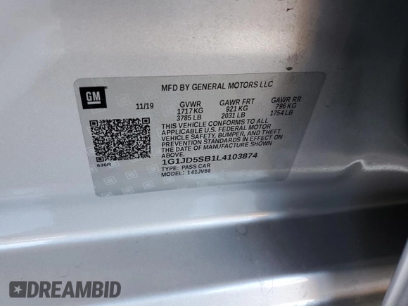 2020 Chevrolet Sonic LT with VIN 1G1JD5SB1L4103874, listed as a Copart auction lot 49900005 with 46,210 mi miles and Salvage title. Bid and sale history available at DreamBid. Image 14.