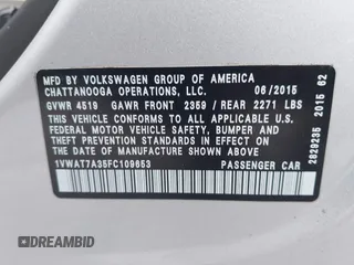 2015 Volkswagen Passat 1.8T Limited Edition with VIN 1VWAT7A35FC109653, listed as a IAAI auction lot 41917568 with 118,912 mi miles. Bid and sale history available at carsss.com. Image 9.