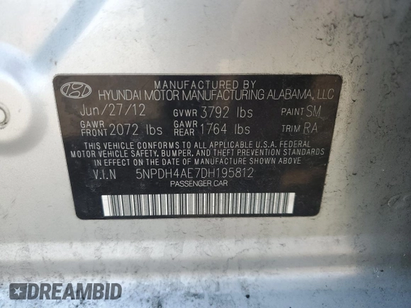 2013 Hyundai Elantra Limited with VIN 5NPDH4AE7DH195812, listed as a Copart auction lot 48744385 with 120,567 mi miles and Salvage Title. Bid and sale history available at DreamBid. Image 12.