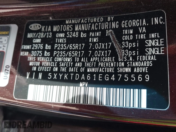 2014 Kia Sorento LX with VIN 5XYKTDA61EG475569, listed as a IAAI auction lot 41924158 with 58,724 mi miles and . Bid and sale history available at carsss.com. Image 9.